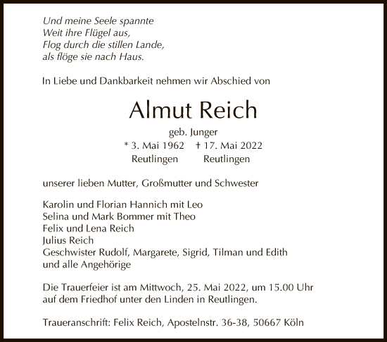 Anzeige von Almut Reich von Reutlinger General-Anzeiger