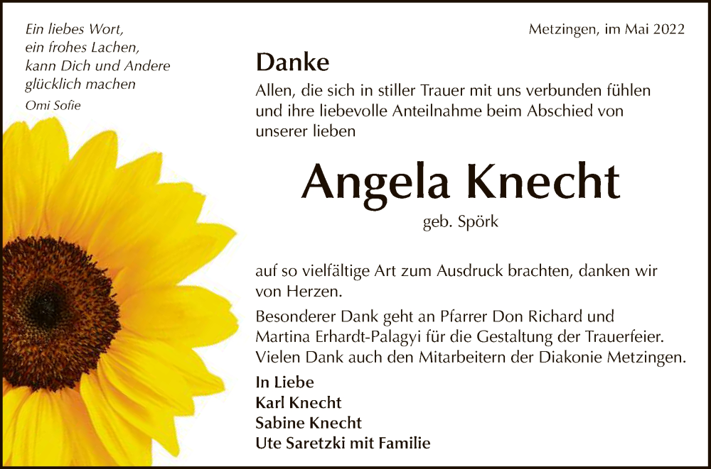  Traueranzeige für Angela Knecht vom 21.05.2022 aus Reutlinger General-Anzeiger
