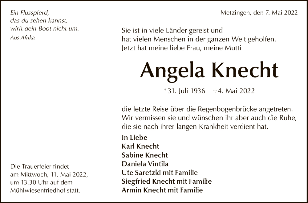  Traueranzeige für Angela Knecht vom 07.05.2022 aus Reutlinger General-Anzeiger