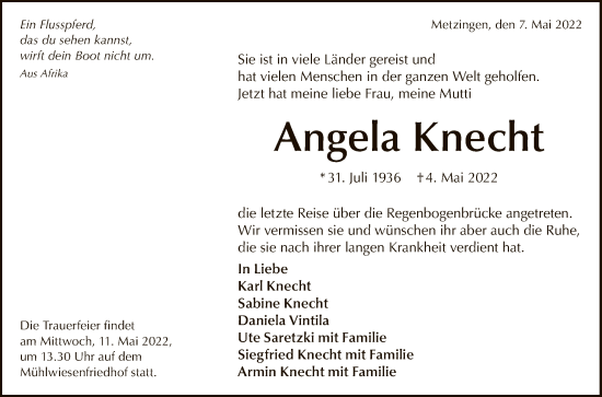 Anzeige von Angela Knecht von Reutlinger General-Anzeiger