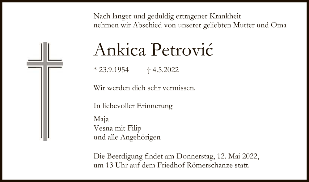 Traueranzeige für Ankica Petrovic vom 07.05.2022 aus Reutlinger General-Anzeiger
