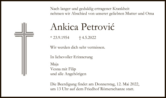 Anzeige von Ankica Petrovic von Reutlinger General-Anzeiger