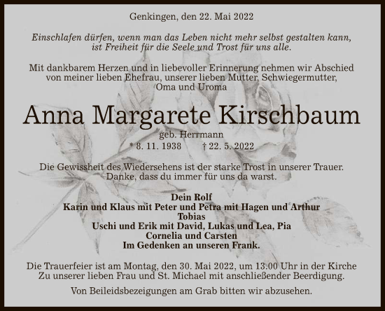 Anzeige von Anna Margarete Kirschbaum von Reutlinger General-Anzeiger