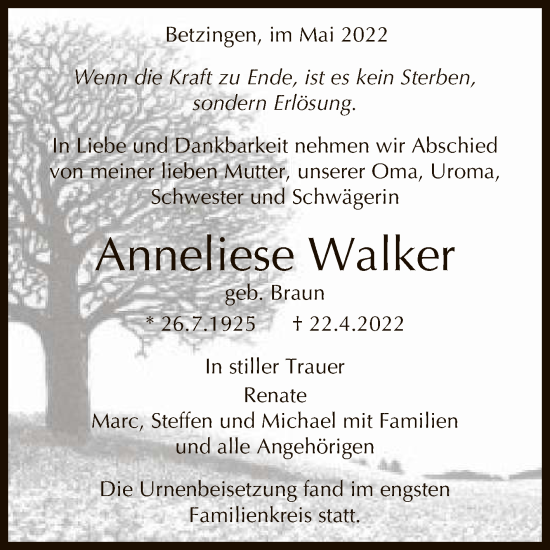 Anzeige von Anneliese Walker von Reutlinger General-Anzeiger
