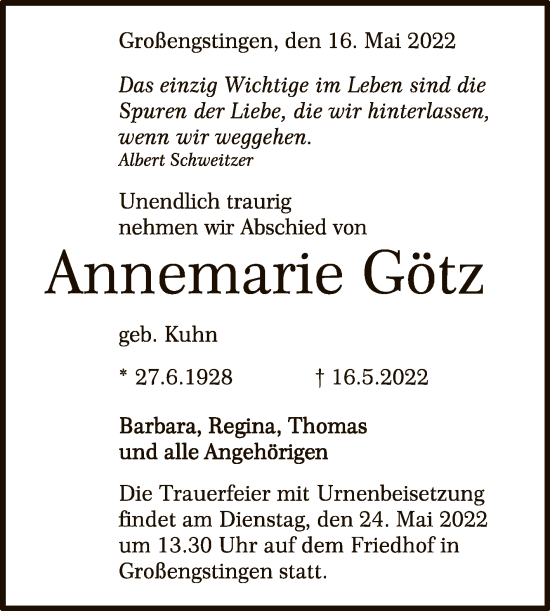 Anzeige von Annemarie Götz von Reutlinger General-Anzeiger