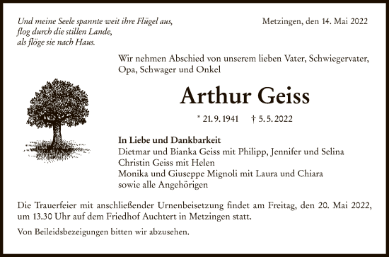 Anzeige von Arthur Geiss von Reutlinger General-Anzeiger