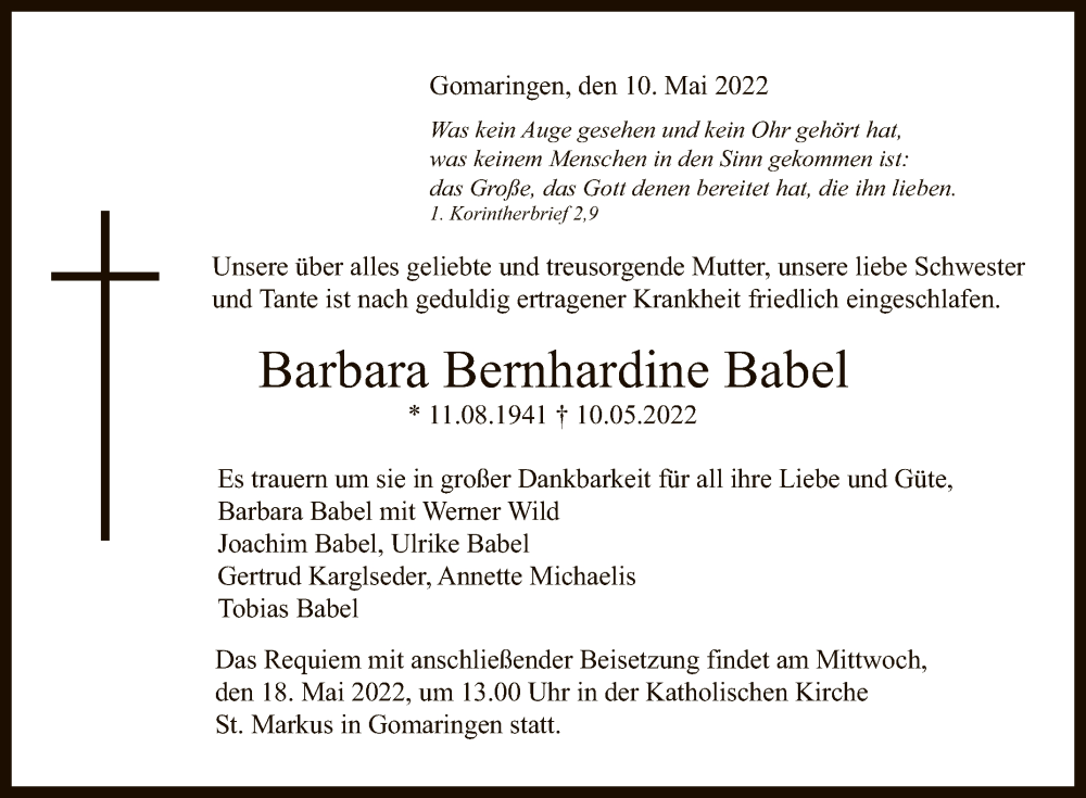  Traueranzeige für Barbara Bernhardine Babel vom 14.05.2022 aus Reutlinger General-Anzeiger