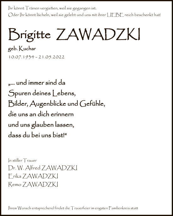Anzeige von Brigitte Zawadzki von Reutlinger General-Anzeiger