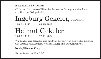 Anzeige von Ingeburg Gekeler von Reutlinger General-Anzeiger