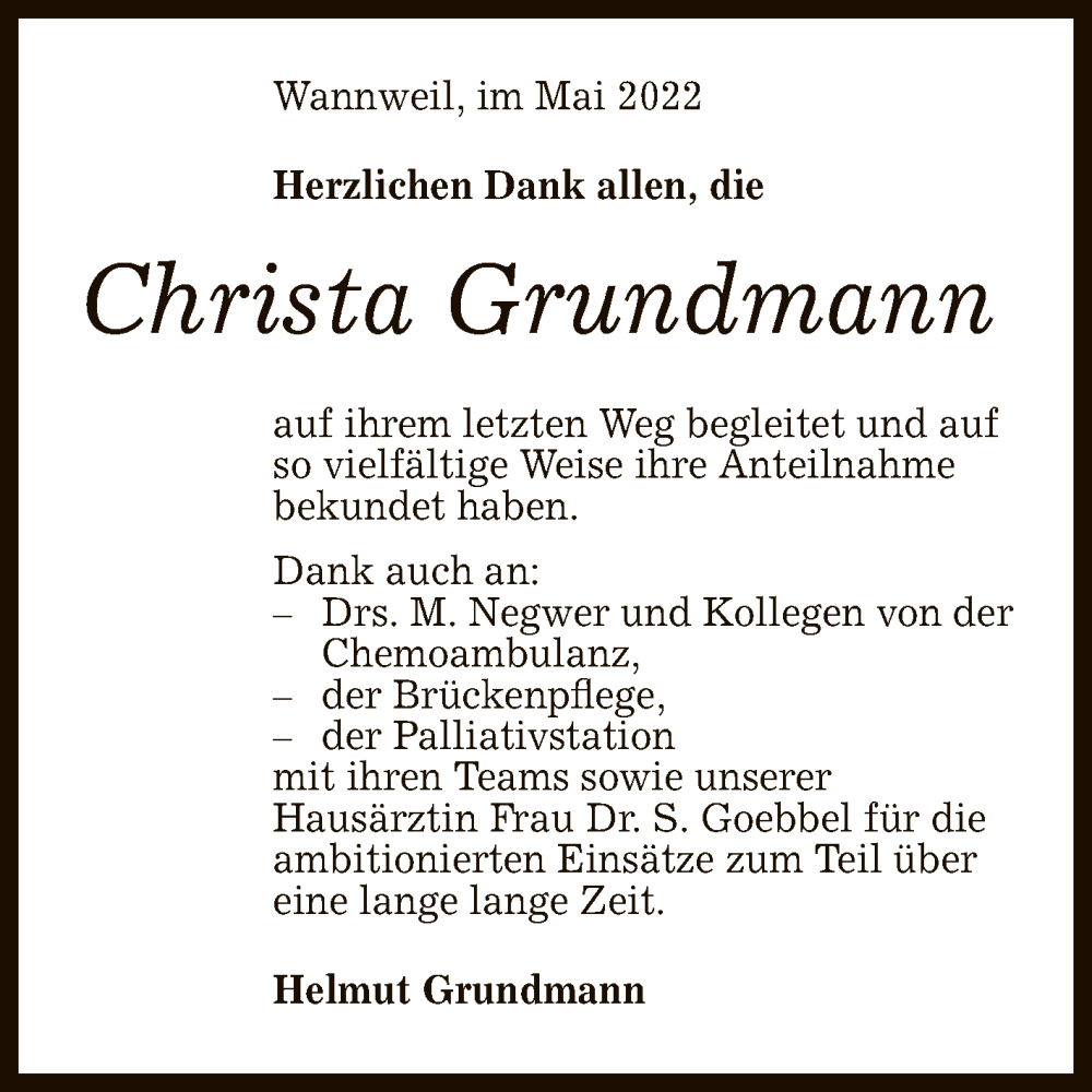  Traueranzeige für Christa Grundmann vom 14.05.2022 aus Reutlinger General-Anzeiger