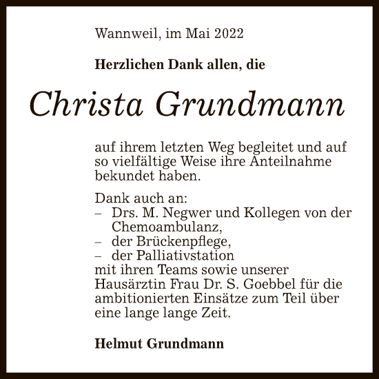 Anzeige von Christa Grundmann von Reutlinger General-Anzeiger