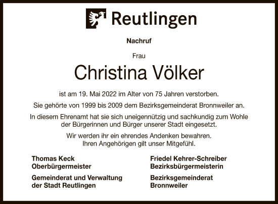 Anzeige von Christina Völker von Reutlinger General-Anzeiger