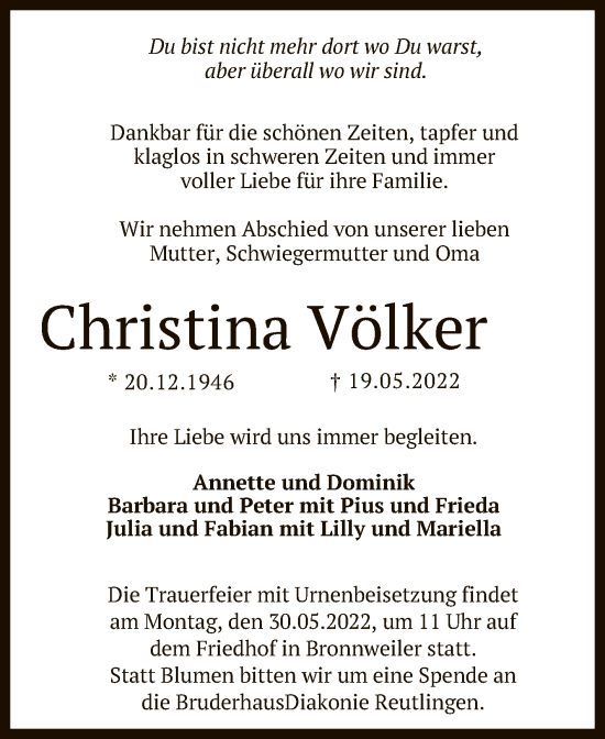 Anzeige von Christina Völker von Reutlinger General-Anzeiger