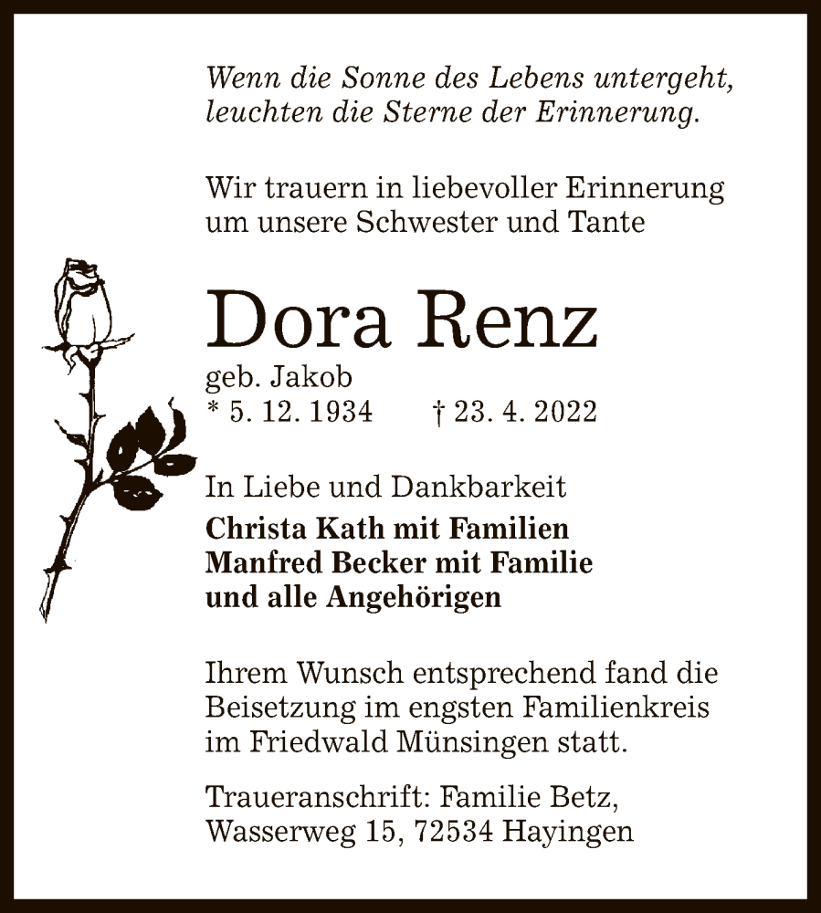  Traueranzeige für Dora Renz vom 28.05.2022 aus Reutlinger General-Anzeiger