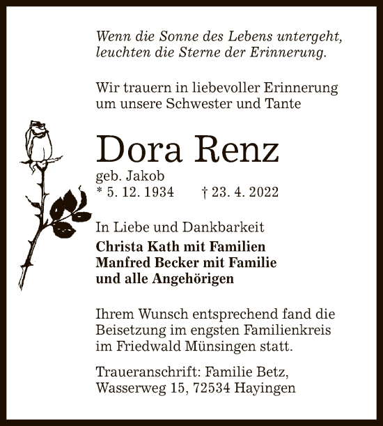 Anzeige von Dora Renz von Reutlinger General-Anzeiger