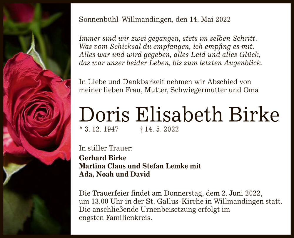  Traueranzeige für Doris Elisabeth Birke vom 30.05.2022 aus Reutlinger General-Anzeiger