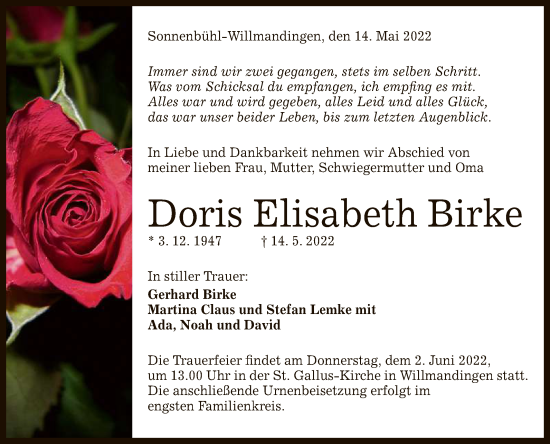 Anzeige von Doris Elisabeth Birke von Reutlinger General-Anzeiger