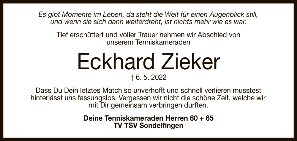  Traueranzeige für Eckhard Zieker vom 13.05.2022 aus Reutlinger General-Anzeiger
