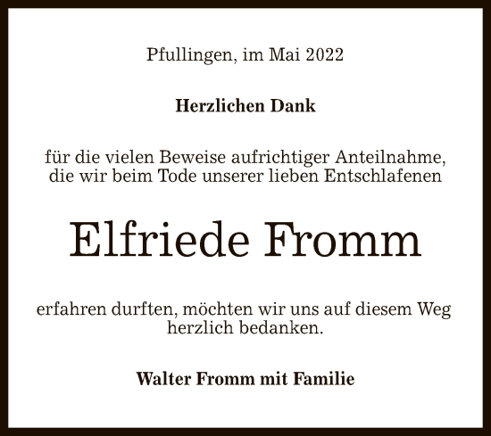 Anzeige von Elfriede Fromm von Reutlinger General-Anzeiger