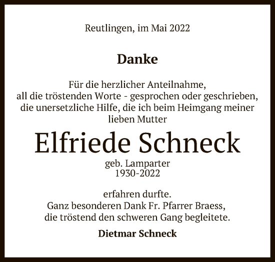 Anzeige von Elfriede Schneck von Reutlinger General-Anzeiger