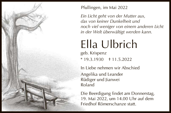 Anzeige von Ella Ulbrich von Reutlinger General-Anzeiger