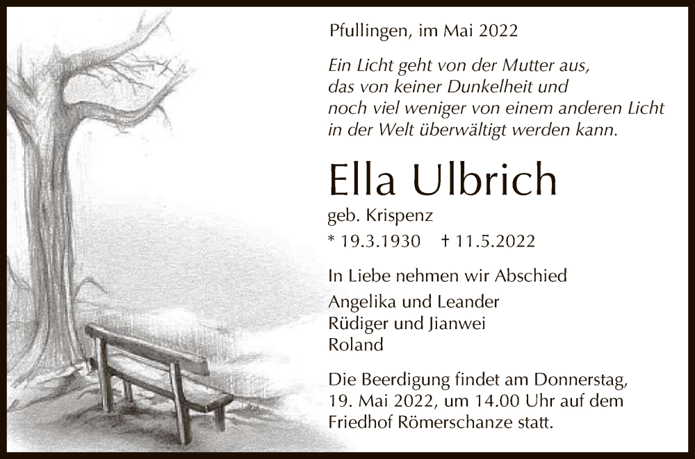  Traueranzeige für Ella Ulbrich vom 14.05.2022 aus Reutlinger General-Anzeiger