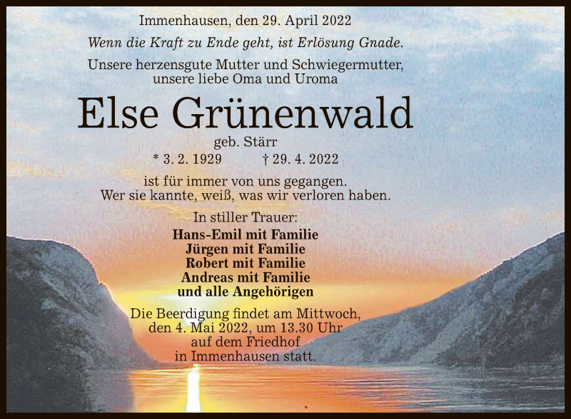  Traueranzeige für Else Grünenwald vom 03.05.2022 aus Reutlinger General-Anzeiger