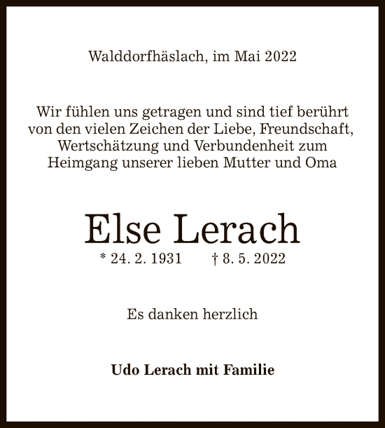 Anzeige von Else Lerach von Reutlinger General-Anzeiger