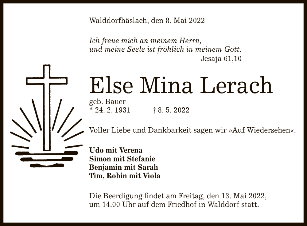 Traueranzeige für Else Mina Lerach vom 11.05.2022 aus Reutlinger General-Anzeiger