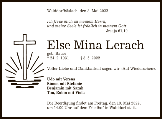 Anzeige von Else Mina Lerach von Reutlinger General-Anzeiger