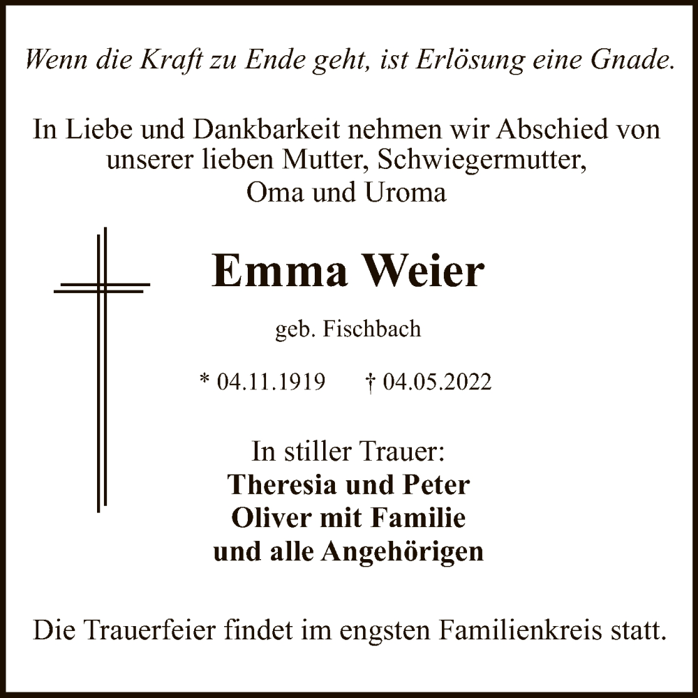  Traueranzeige für Emma Weier vom 12.05.2022 aus Reutlinger General-Anzeiger