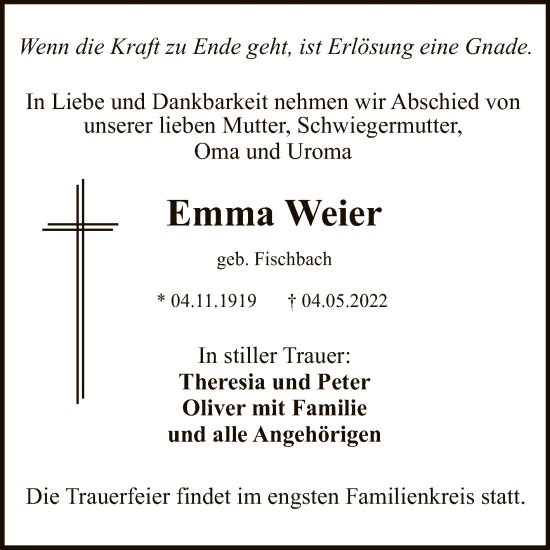 Anzeige von Emma Weier von Reutlinger General-Anzeiger