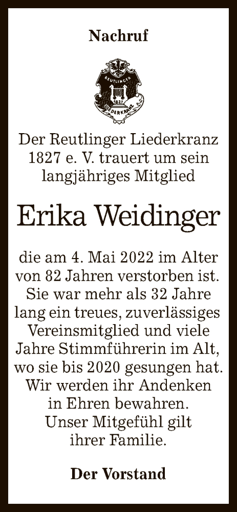 Anzeige von Erika Weidinger von Reutlinger General-Anzeiger