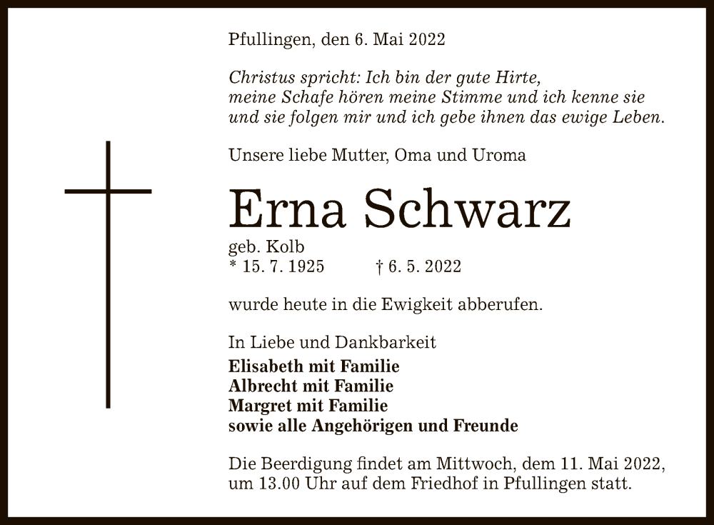  Traueranzeige für Erna Schwarz vom 10.05.2022 aus Reutlinger General-Anzeiger