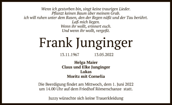 Anzeige von Frank Junginger von Reutlinger General-Anzeiger
