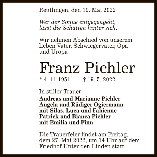 Anzeige von Franz Pichler von Reutlinger General-Anzeiger
