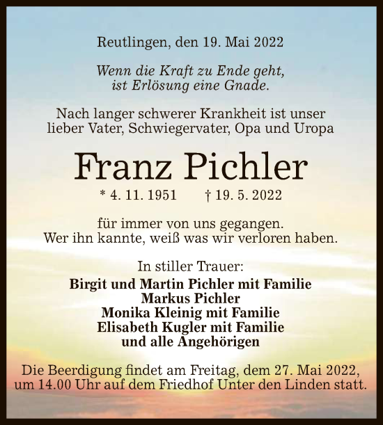 Anzeige von Franz Pichler von Reutlinger General-Anzeiger