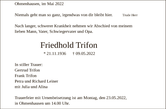 Anzeige von Friedhold Trifon von Reutlinger General-Anzeiger