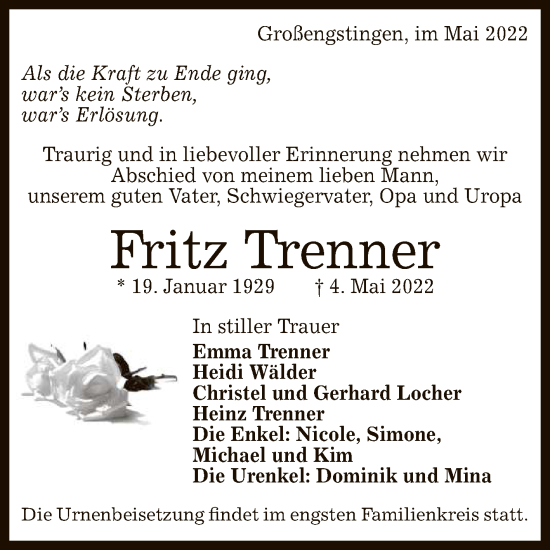 Anzeige von Fritz Trenner von Reutlinger General-Anzeiger