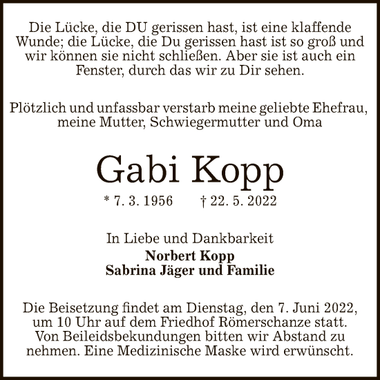 Anzeige von Gabi Kopp von Reutlinger General-Anzeiger