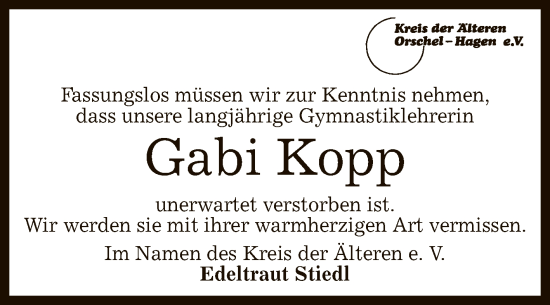 Anzeige von Gabi Kopp von Reutlinger General-Anzeiger