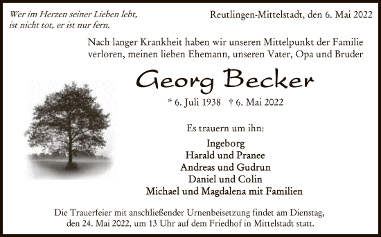 Anzeige von Georg Becker von Reutlinger General-Anzeiger