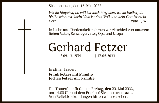 Anzeige von Gerhard Fetzer von Reutlinger General-Anzeiger