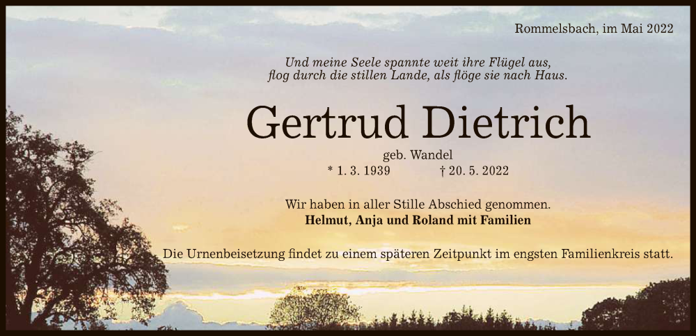  Traueranzeige für Gertrud Dietrich vom 28.05.2022 aus Reutlinger General-Anzeiger