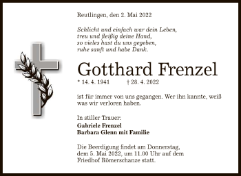 Anzeige von Gotthard Frenzel von Reutlinger General-Anzeiger