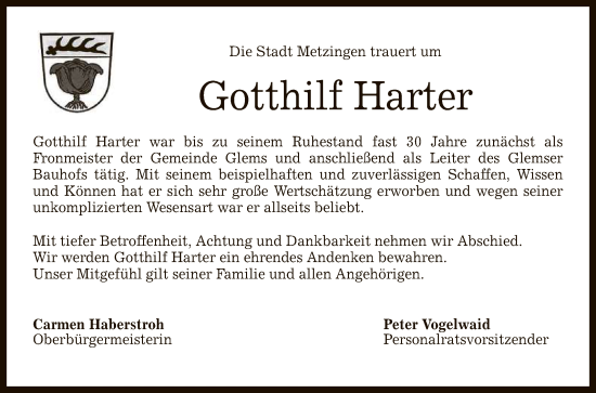 Anzeige von Gotthilf Harter von Reutlinger General-Anzeiger