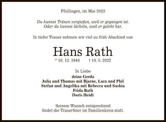 Anzeige von Hans Rath von Reutlinger General-Anzeiger