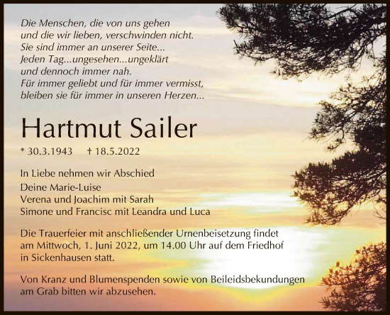 Anzeige von Hartmut Sailer von Reutlinger General-Anzeiger