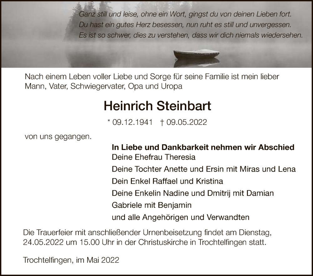  Traueranzeige für Heinrich Steinbart vom 19.05.2022 aus Reutlinger General-Anzeiger