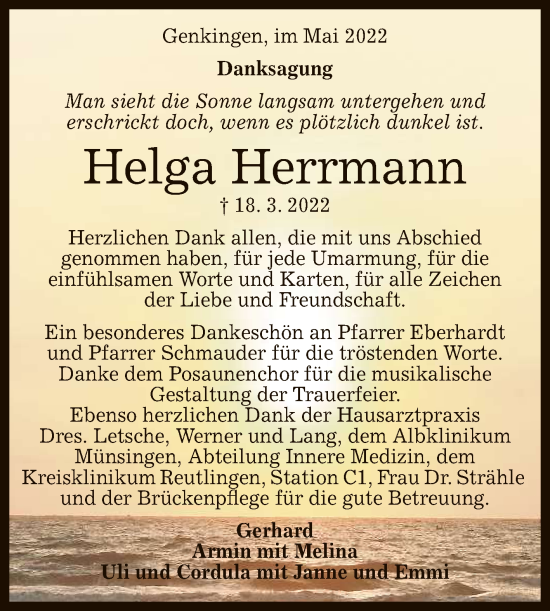 Anzeige von Helga Herrmann von Reutlinger General-Anzeiger